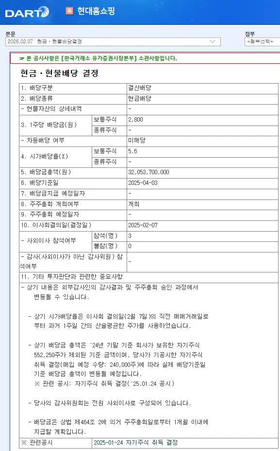 현대홈쇼핑(057050) 2025년 배당금, 배당일, 배당락일