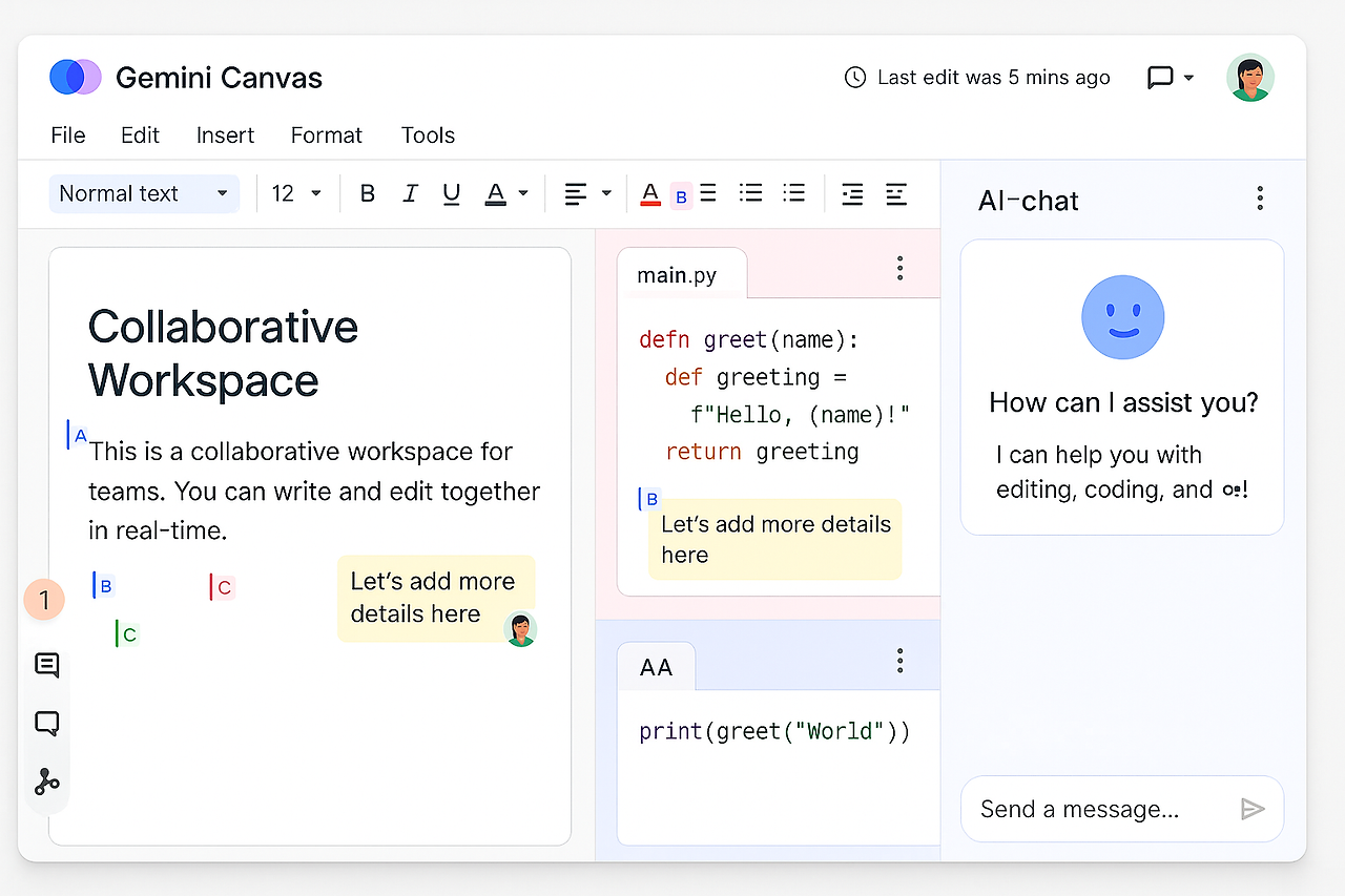 Gemini Canvas에서 문서 편집과 코드 개발을 동시에 진행하는 협업 인터페이스