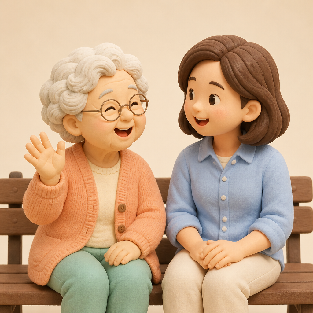 공원 벤치에서 손을 내저으며 웃으며 대화하는 70대 할머니와 40대 딸