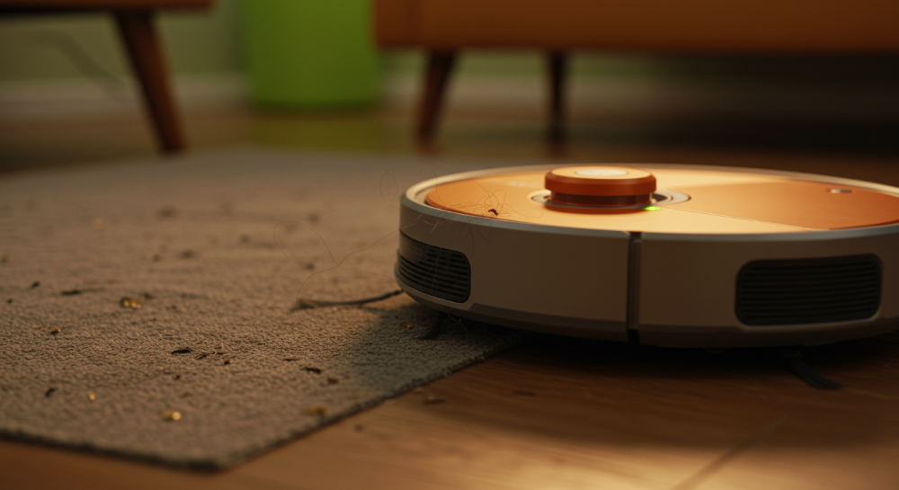 2025년 로봇청소기, 센서 오류로 멈춰선 모습과 센서에 낀 먼지를 확대한 이미지