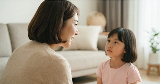 엄마가 아이에게 말을 건네는 다정한 뒷모습