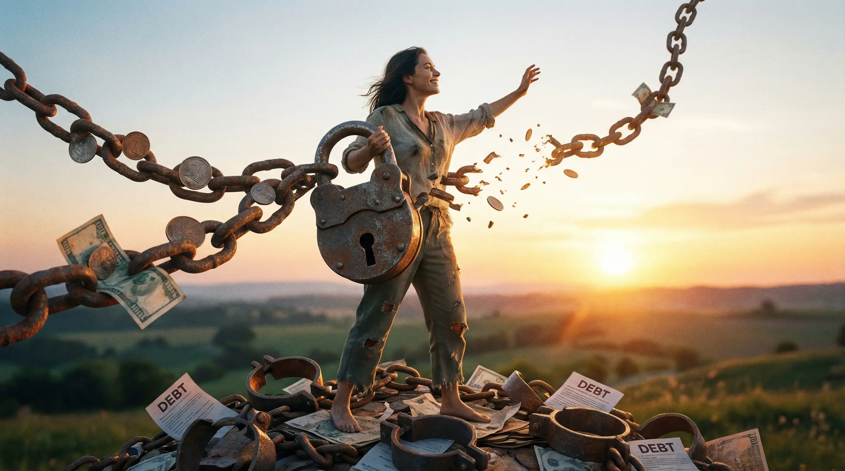 무거운 이자의 사슬을 끊어내고 가벼운 마음으로 안도하는 사람의 모습을 상징적으로 표현한 이미지