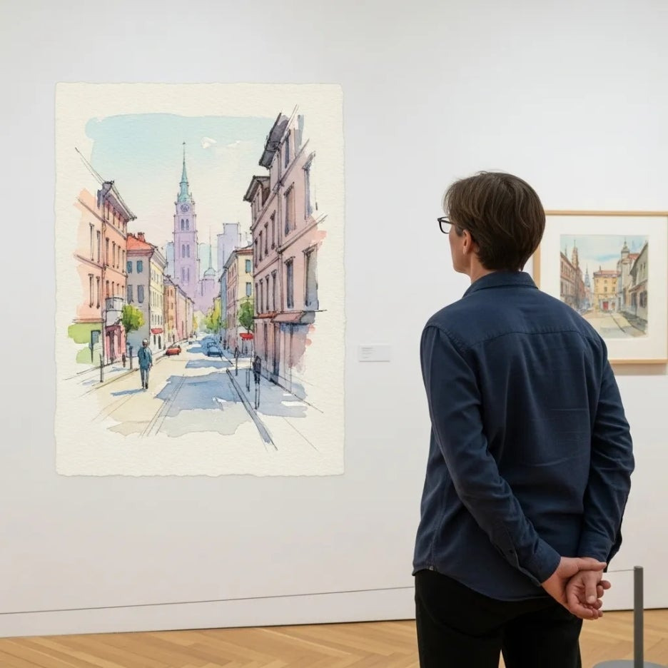 일상 풍경을 담은 그림을 감상하는 사람