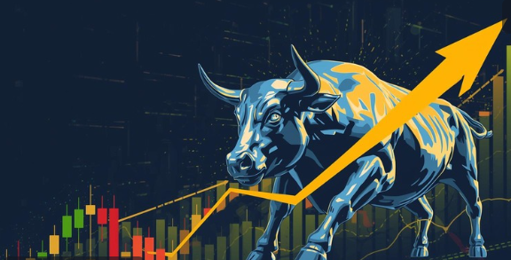 상승하는 주식그래프와 황소상