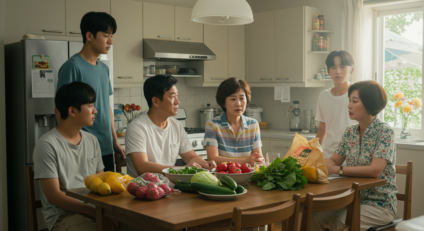 음식을 두고 가족들이 대화중인 사진