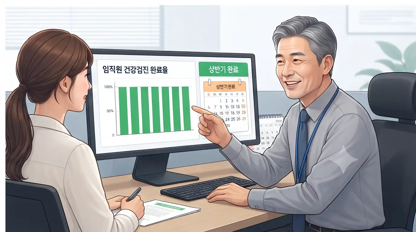 직장인 건강검진 완료율 그래프 화면을 보며 설명하는 중년 남성과 경청하는 여성
