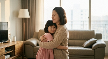 아이를 안아주며 살짝 미소 짓는 엄마의 옆모습