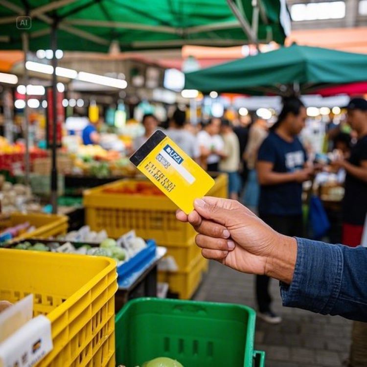 전통시장에서 신용카드로 장보는 장면. 배경에 시장의 활기찬 분위기. 밝은 노란색과 초록색 톤으로 절세와 지역경제 활성화 강조.
