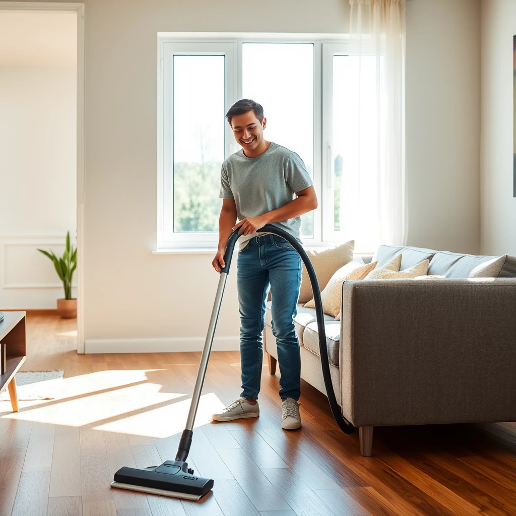 방 안을 청소하고 있는 남자