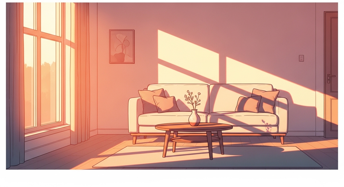 해 질 무렵 부드러운 빛이 들어오는 조용한 거실