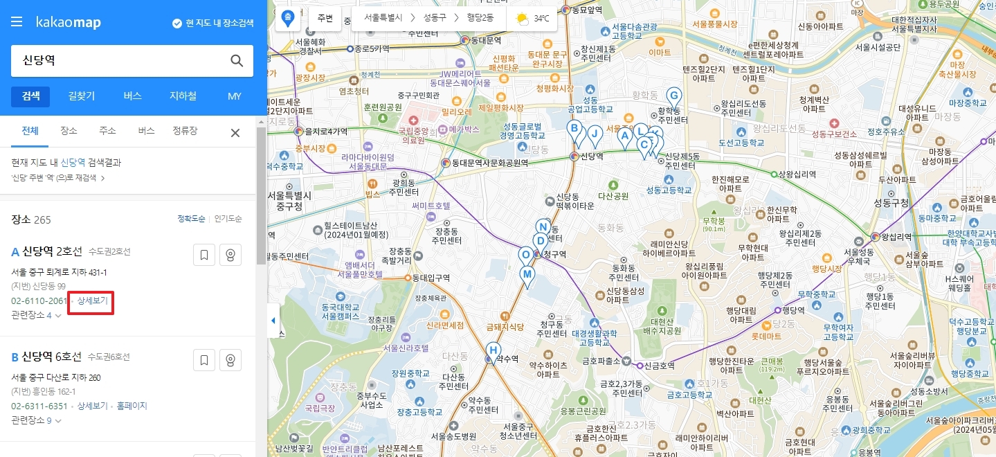 검색된 장소 목록에서 상세보기 버튼을 눌러 추가 정보를 확인하는 화면