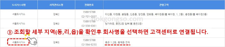 도시가스 고객센터 찾기-읍면동