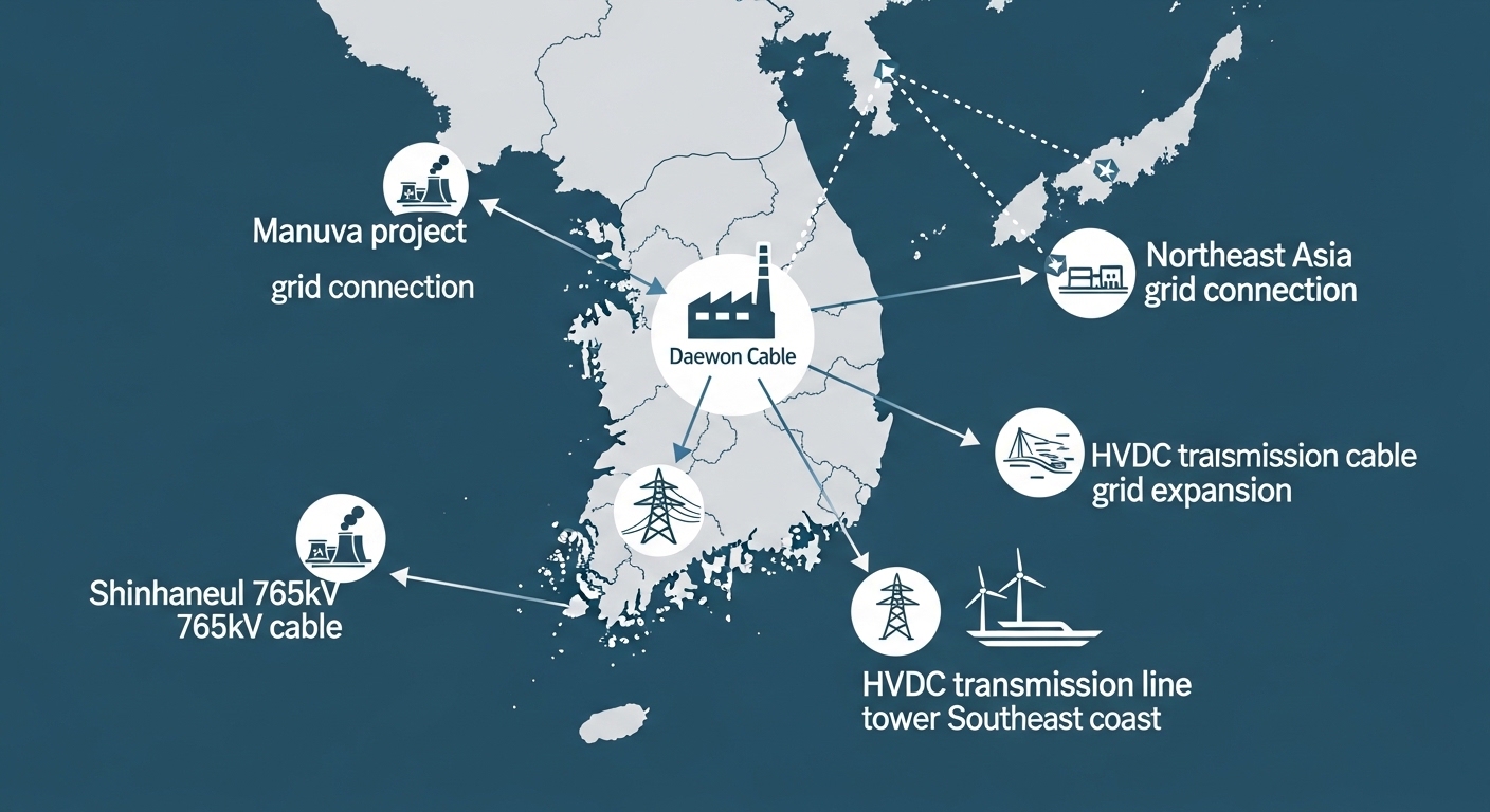 Daewon Cable power infrastructure benefit map Korea. Center Korea map dark blue gray. Four labeled nodes nuclear plant icon Shinhaneul 765kV cable, offshore wind turbine submarine cable Southeast coast, HVDC transmission line tower grid expansion, Manuva project Northeast Asia grid connection dotted line. Each node arrow pointing back to Daewon Cable factory icon. English labels only.