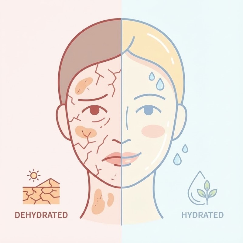 건조하고 붉은 얼굴과 촉촉한 얼굴을 비교한 일러스트