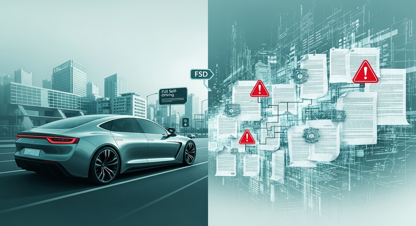 자율주행 자동차와 법규, 안전 규제 문서들이 복잡하게 얽힌 추상적인 이미지, 기술 도입의 과제를 상징.