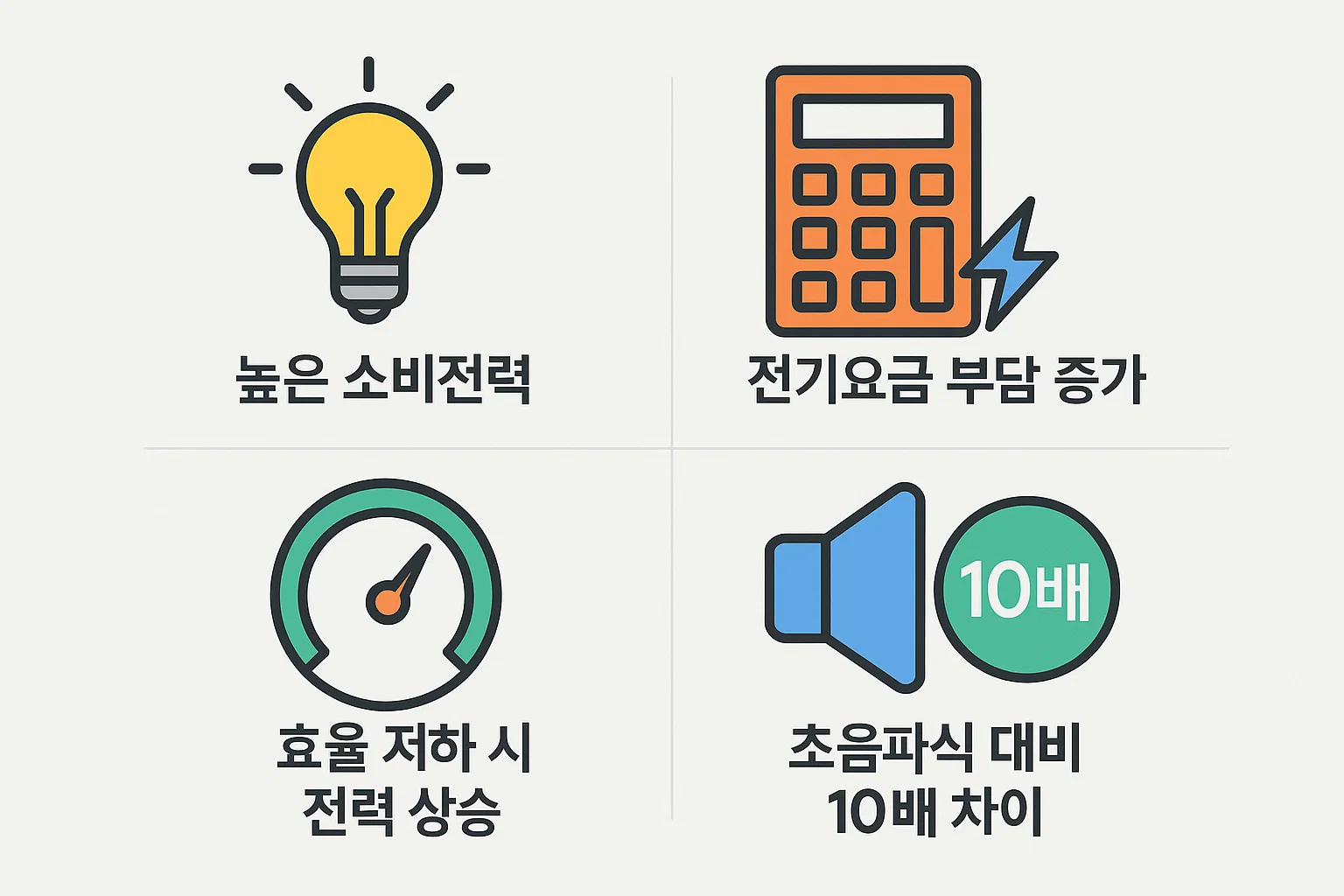 가열식가습기의 높은 소비전력, 전기요금 증가 요인, 효율 저하 시 전력 상승 등 주요 단점을 상세하게 비교 정리한 전기요금 인포그래픽 설명 이미지
