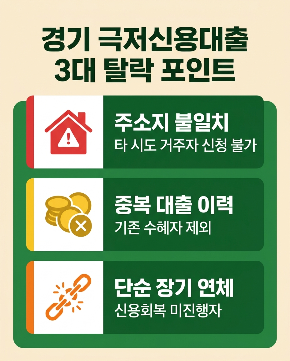 타 시도 거주자, 중복 수혜자, 신용회복 미진행 단순 연체자 등 경기 극저신용대출의 3대 탈락 조건 인포그래픽