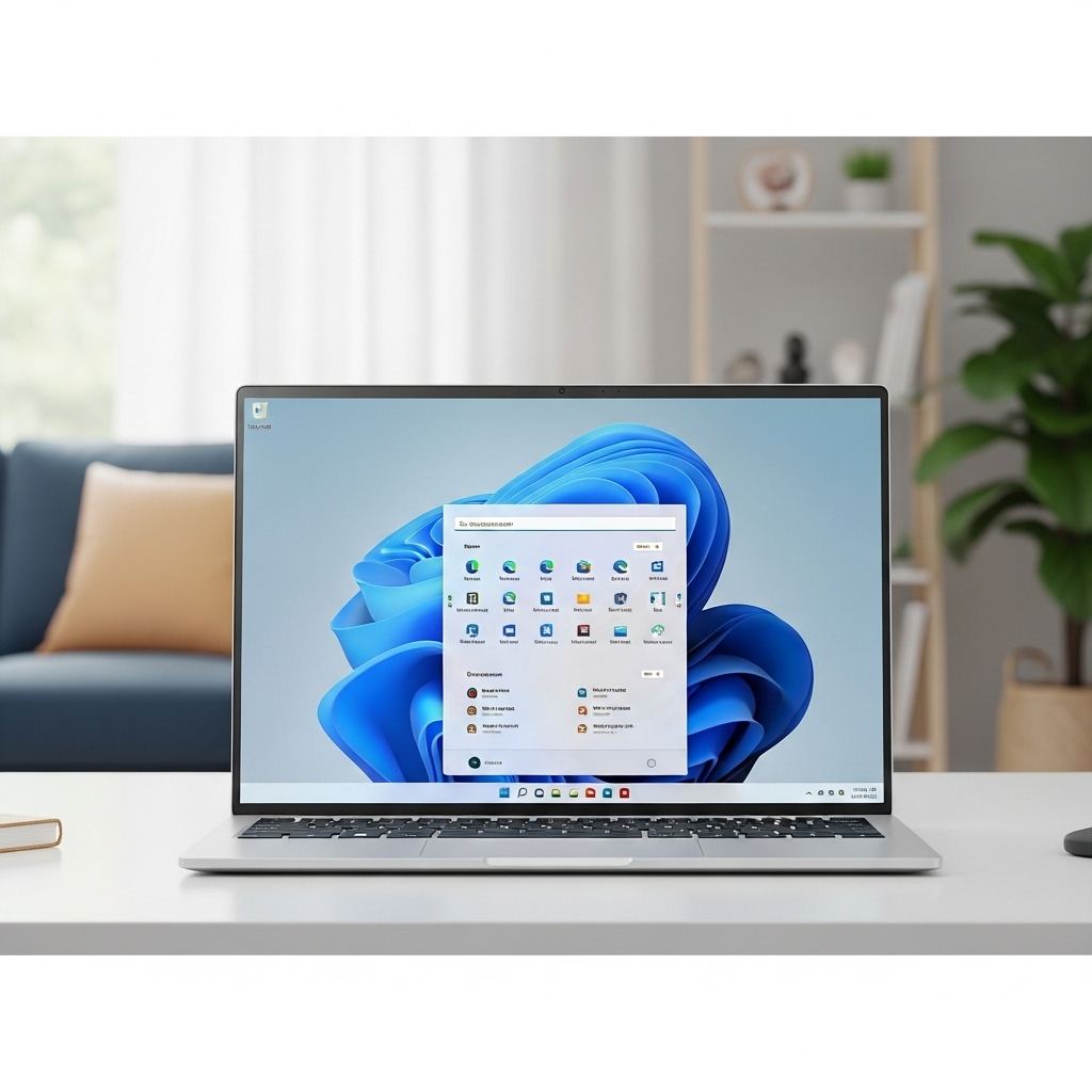 LG 그램 노트북에 윈도우 11 바탕화면이 선명하게 표시된 모습, 중앙 시작 메뉴와 깔끔한 디자인이 돋보이는 장면