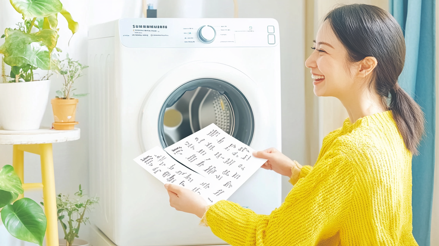 가정에서 삼성 세탁기 사용자 리뷰를 읽으며 만족하는 표정을 짓는 소비자의 장면