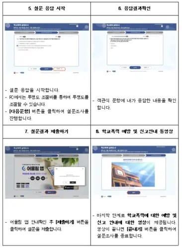 설문을 완료한 후 학교폭력 예방 및 신고 안내 영상을 시청해야 한다.