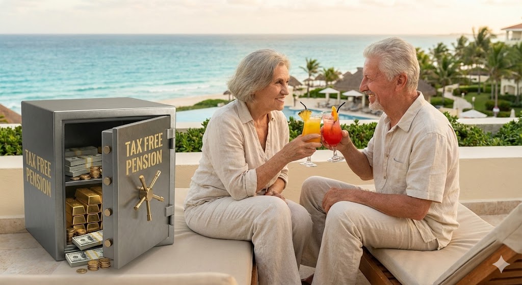 은퇴 후 여유롭게 여행을 즐기는 부부의 모습. 그들 옆에는 'Tax Free Pension'이라고 적힌 든든한 금고가 열려 있는 이미지