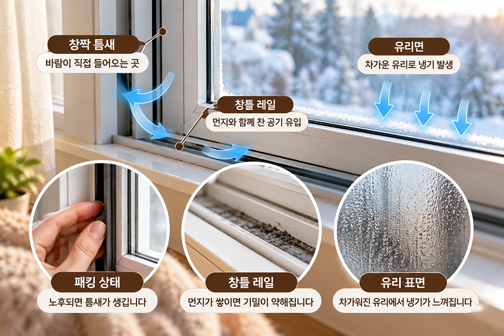 창문 외풍 발생 위치와 창짝 틈새, 창틀 레일, 고무 패킹 및 차가운 유리면의 냉기 원인을 설명한 이미지