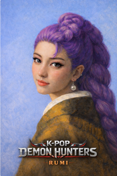 진주 귀걸이를 한 루미 이미지에서 케이팝데몬헌터스로고를 영어로 입력