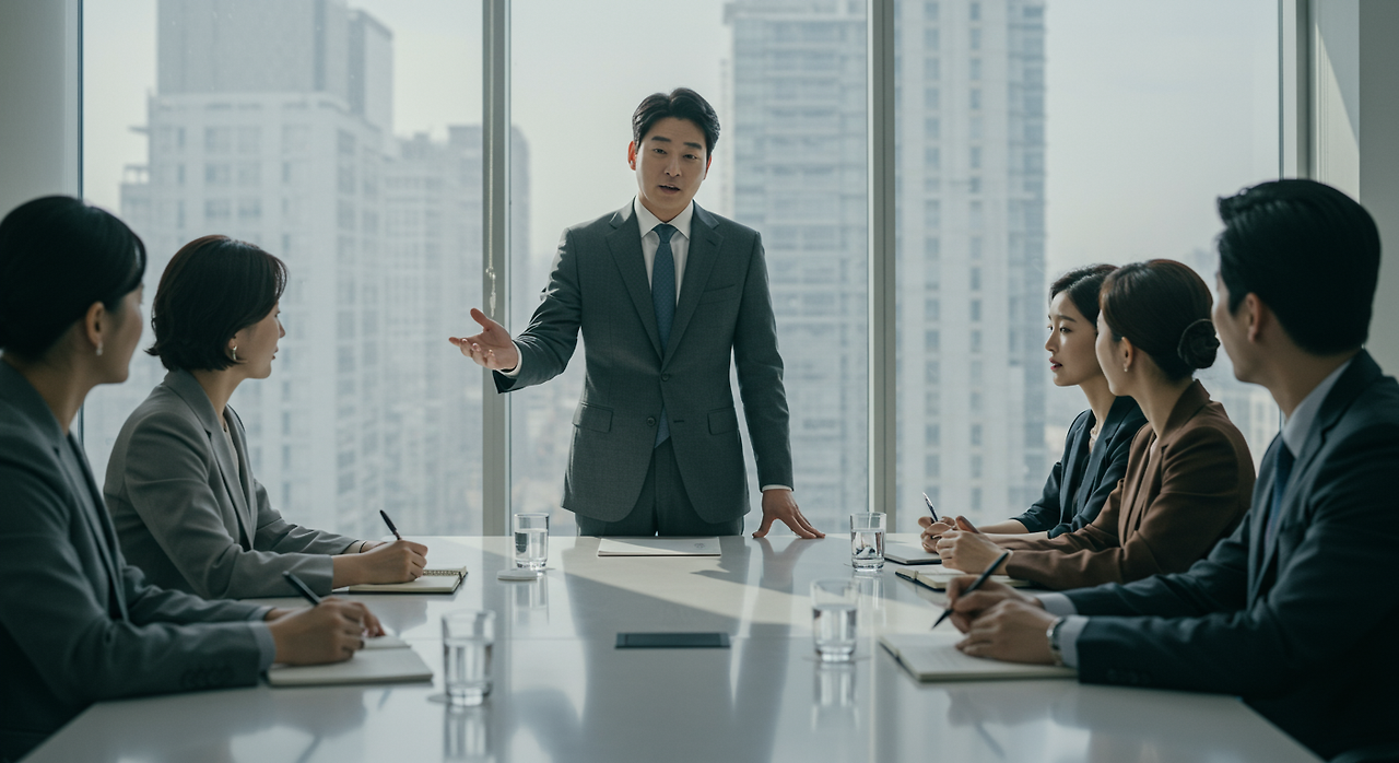 회의실에서 자사주 매입 계획을 발표하는 경영진과 집중하는 주주들