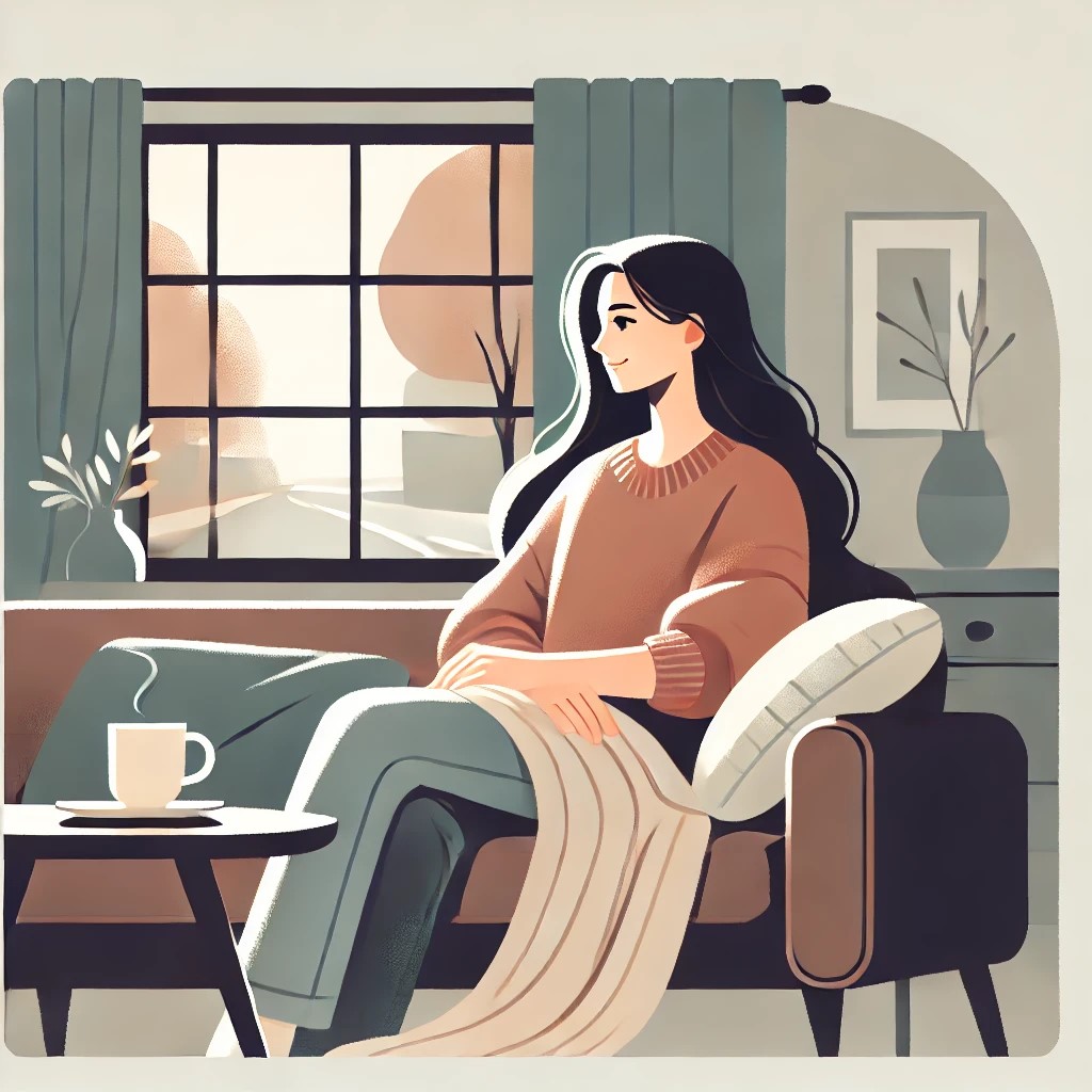 푹신한 소파에 편안하게 앉아 조용하고 평화로운 표정으로 창밖을 내다보는 여자