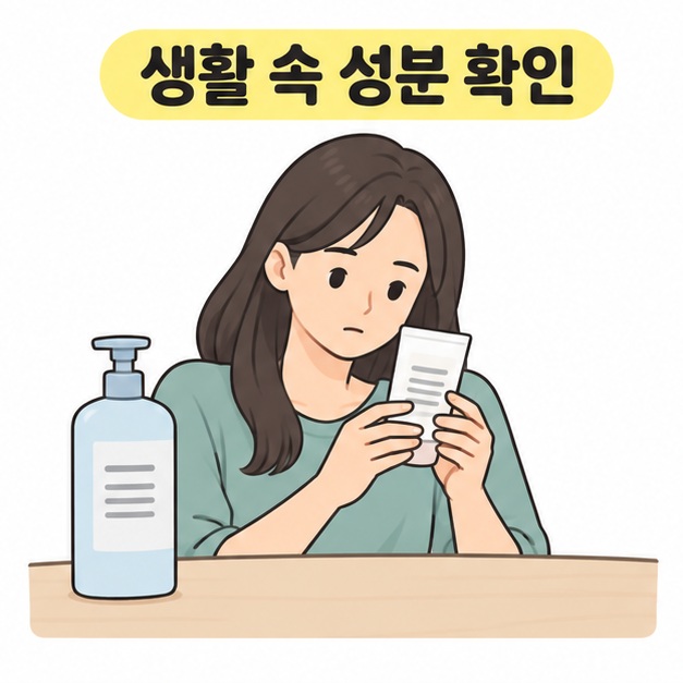 생활 속 성분 확인 제목 아래 샴푸 용기 옆에서 화장품 용기 뒷면을 읽는 여성