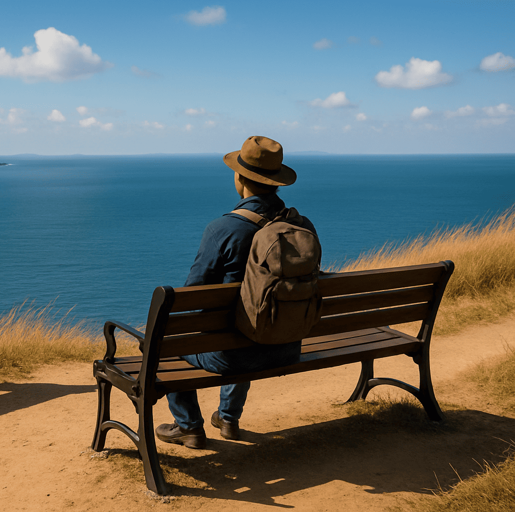강화도 바람의 언덕, 벤치에 앉아 바다를 감상하는 여행자