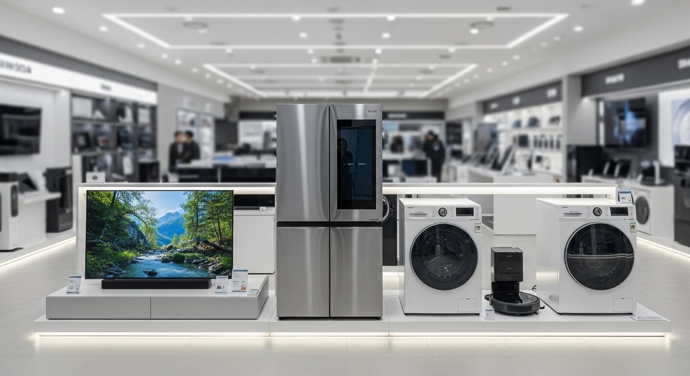 전자제품 매장 진열대에 놓인 냉장고&amp;#44; 세탁기&amp;#44; TV 전면 전경