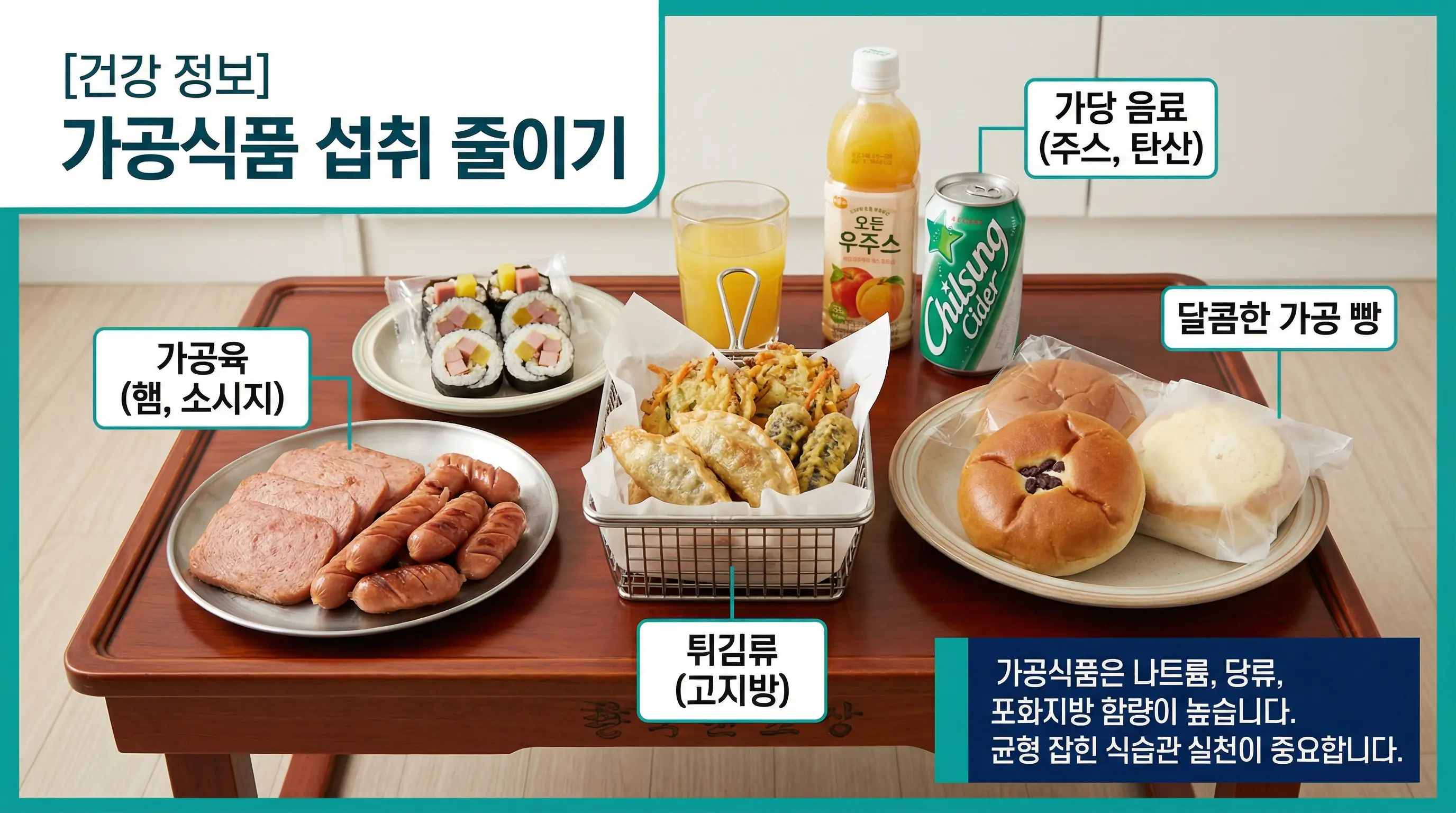 가공육과 튀김, 달콤한 빵과 음료가 함께 놓인 한국 식탁 장면