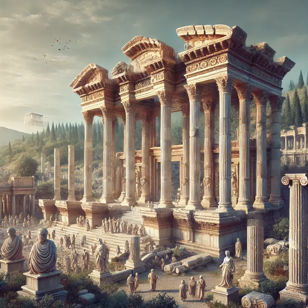 에페소스의 아르테미스 신전 복원도와 현재 유적지 모습의 비교 이미지