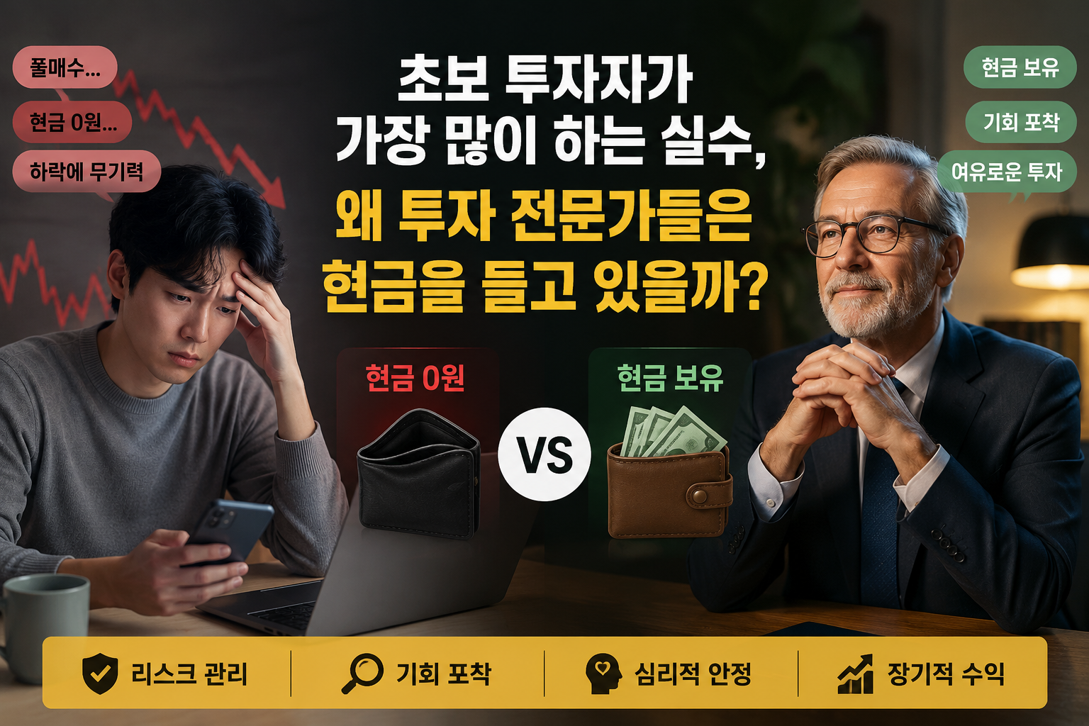 초보 투자자의 현금 비중 실수와 투자 전문가의 현금 보유 전략을 설명하는 이미지