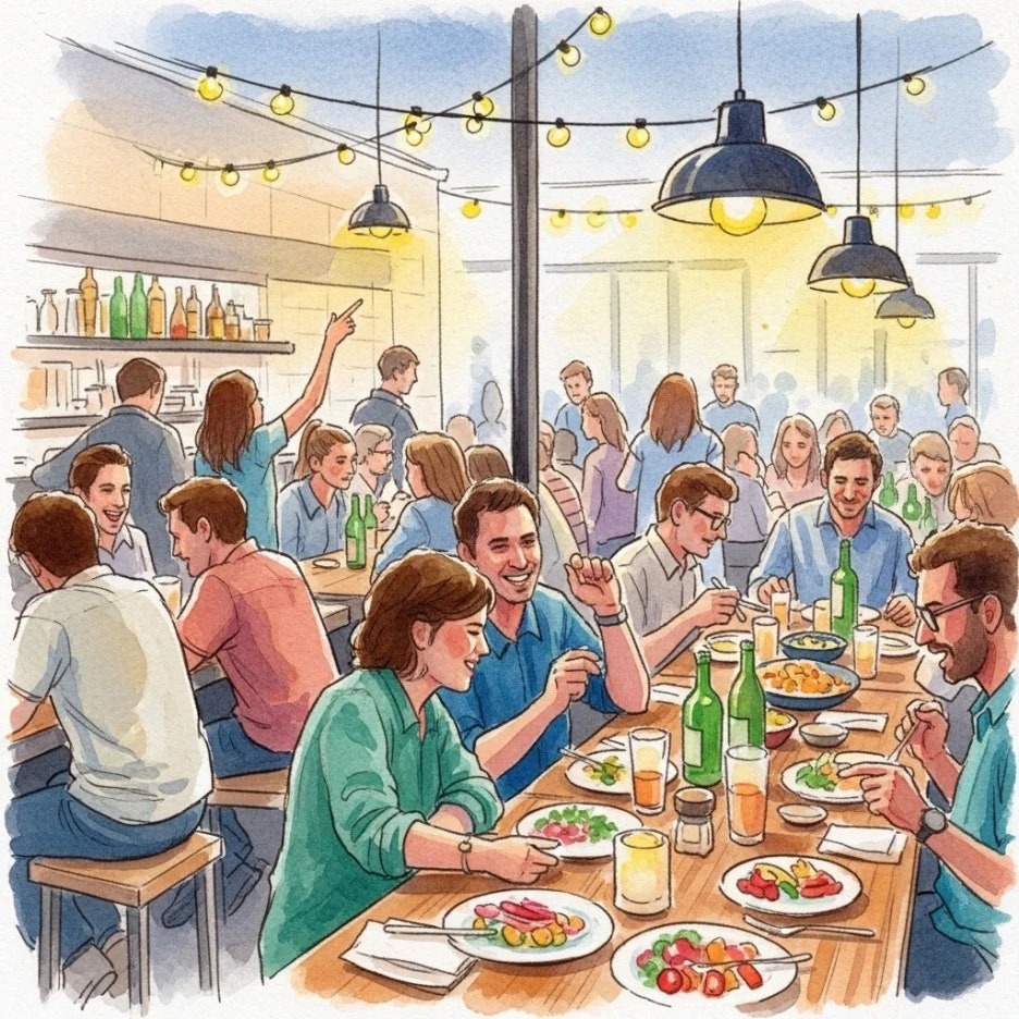 팝업스토어에서 식사를 즐기는 사람들