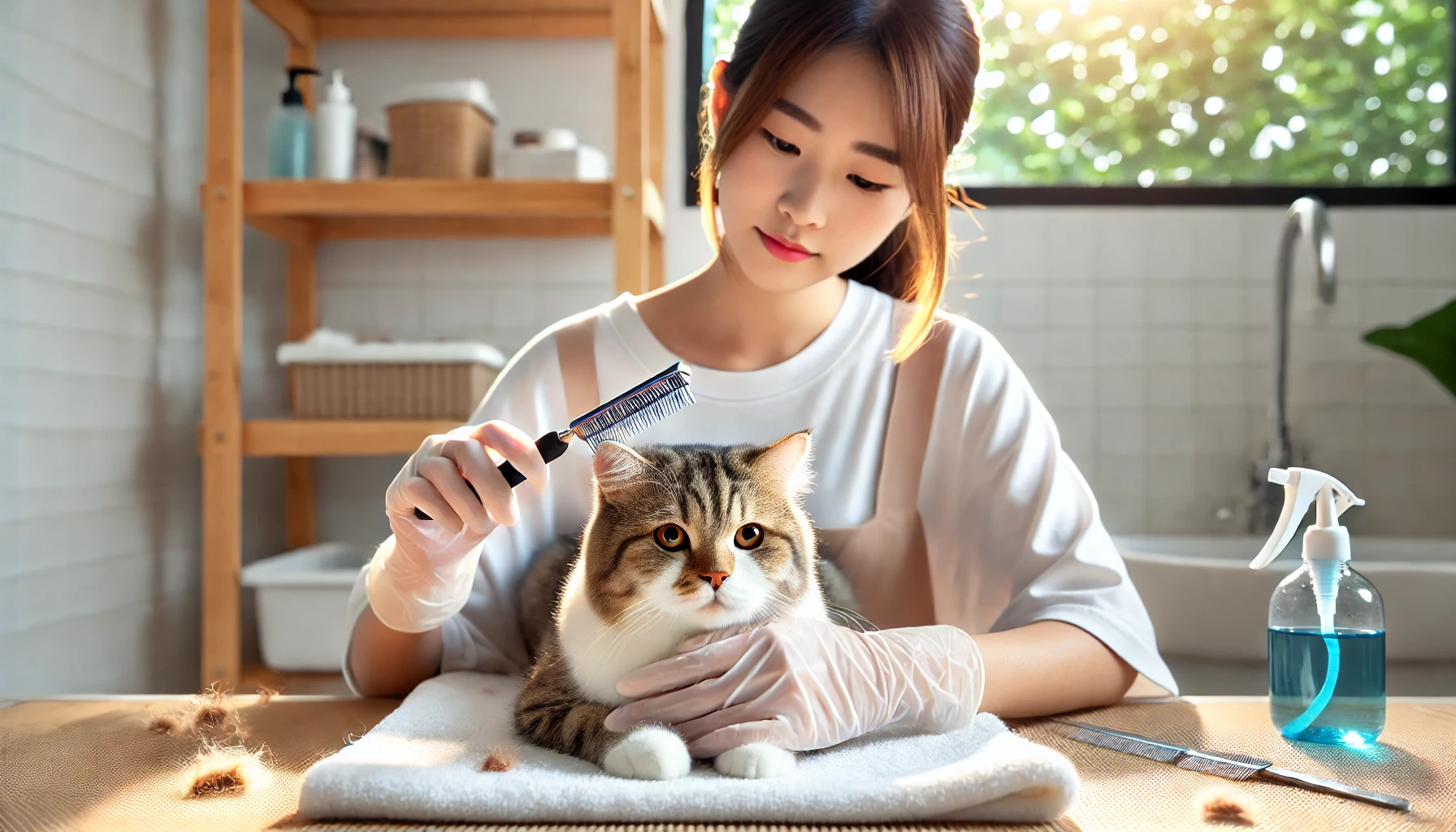 여성이 깨끗한 흰 수건 위에 누운 고양이를 벼룩 빗으로 조심스럽게 손질하고 있는 모습. 여성은 얇은 장갑을 착용했으며, 실내는 햇살이 은은하게 비추는 밝고 정돈된 분위기. 배경에는 반려동물 그루밍 용품들이 깔끔하게 정리되어 있음.