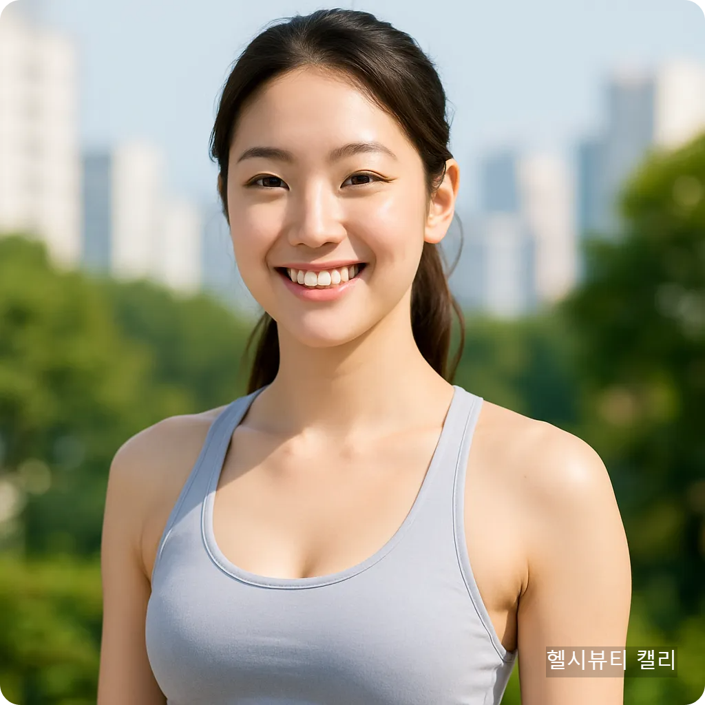서울 도심 공원에서 밝게 웃는 20대 여성, 자연광 아래 운동복을 입고 건강한 인상을 주는 모습