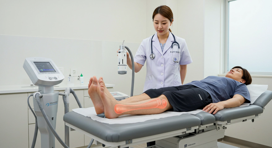 병원에서 족저근막염 환자가 체외충격파 치료를 받는 장면