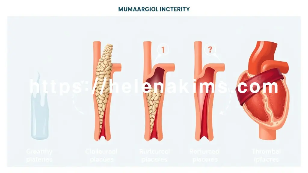 인체 관상동맥의 단계별 단면 일러스트. 첫째, 깨끗하고 건강한 혈관. 둘째, 콜레스테롤 플라크가 혈관벽에 점차 쌓여 혈관이 좁아지는 모습. 셋째, 파열된 플라크 위에 붉은 혈전(피떡)이 형성되어 혈액의 흐름을 완전히 막아버린 상태의 모습.