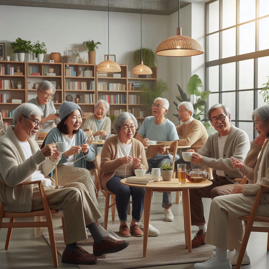 많은 시니어들이 한 공간에 모여서 차를 마시며 커뮤니티를 형성하고 있는 모습