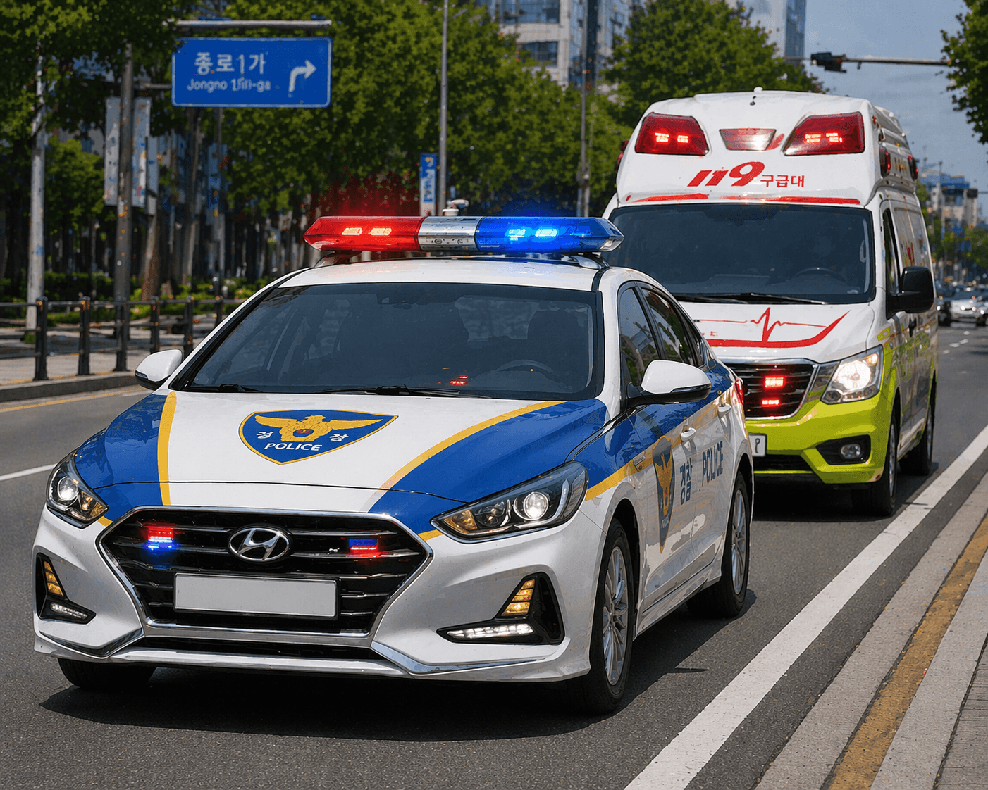 경찰차 뒤에있는 119구급차 사진