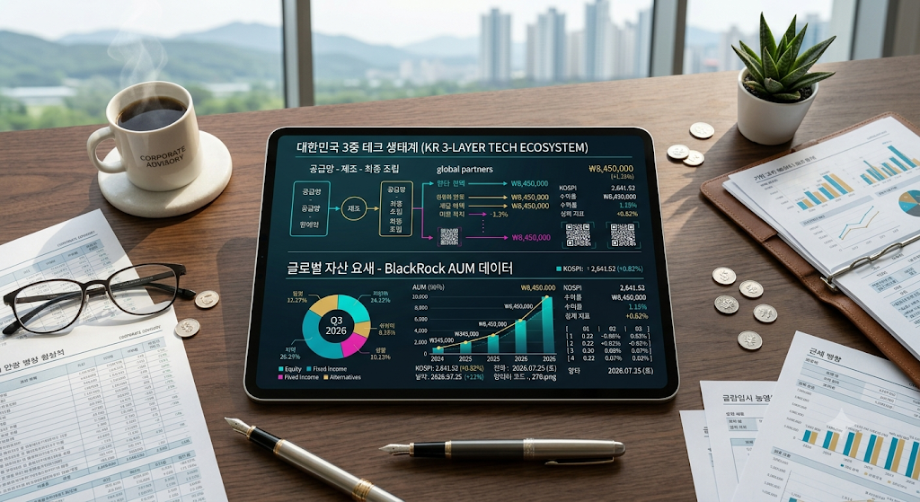 세련된 서재 테이블 위 태블릿 화면에 선명하게 정렬된 빅테크 먹이사슬 3대 레이어 및 블랙록 패시브 자금 유입 구조도