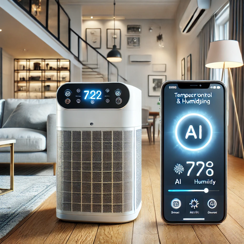 스마트 기능이 작동 중인 인공지능 에어컨과 스마트폰 제어 화면