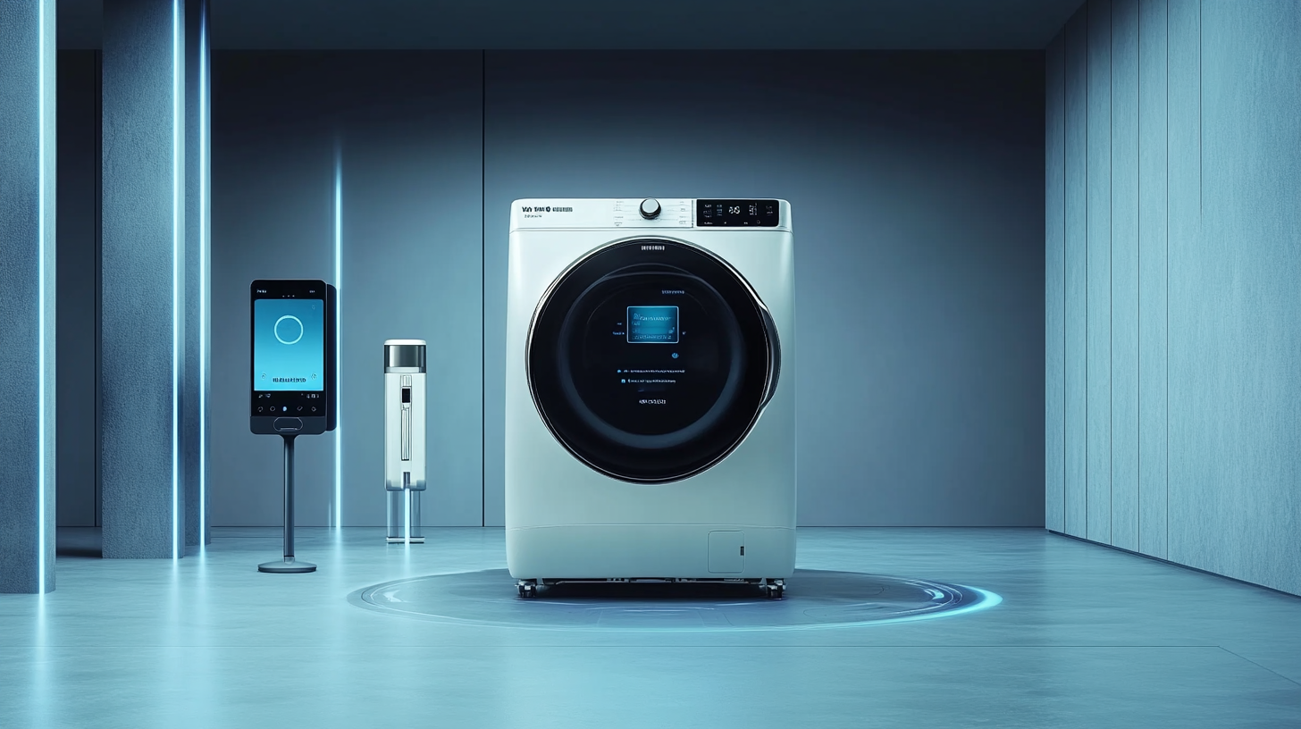 스마트 기능을 보여주는 WF21CB6650BW2N의 예술적 표현으로, 스마트폰 앱 제어 기능과 디지털 인버터 모터를 특징으로 하여 미래적인 스타일로 표현