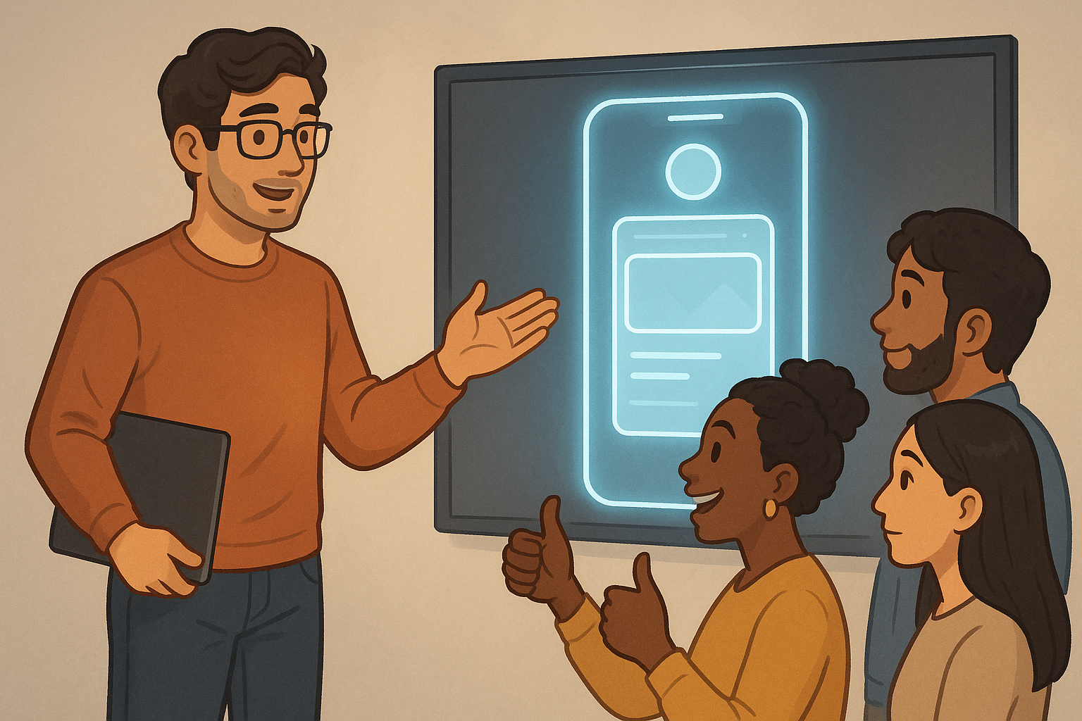 만든 앱을 소개하고 피드백 받는 모습 일러스트