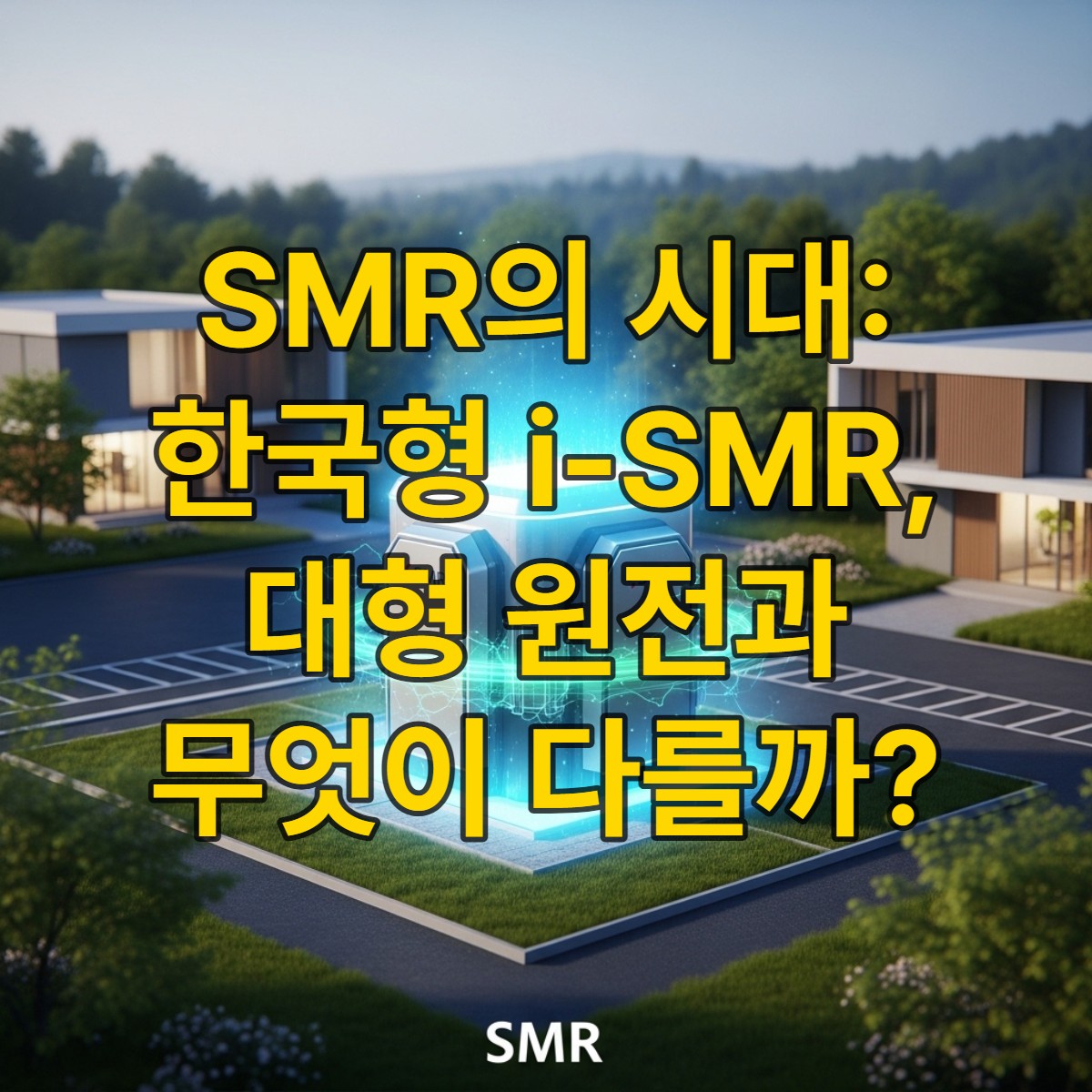 미래 지향적인 디자인의 한국형 소형모듈원전(i-SMR)이 깨끗한 에너지를 발산하며 지속 가능한 환경에 통합된 모습. 분산 전원과 차세대 에너지 기술을 상징합니다.