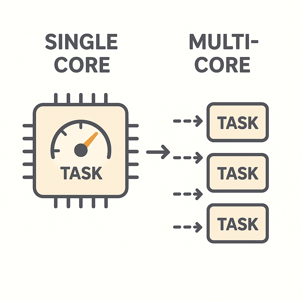 하나는 높은 클럭 속도의 단일 코어가 한 작업을 빠르게 처리하고 다른 하나는 여러 코어가 여러 작업을 병렬로 처리하는 모습을 비교한 다이어그램