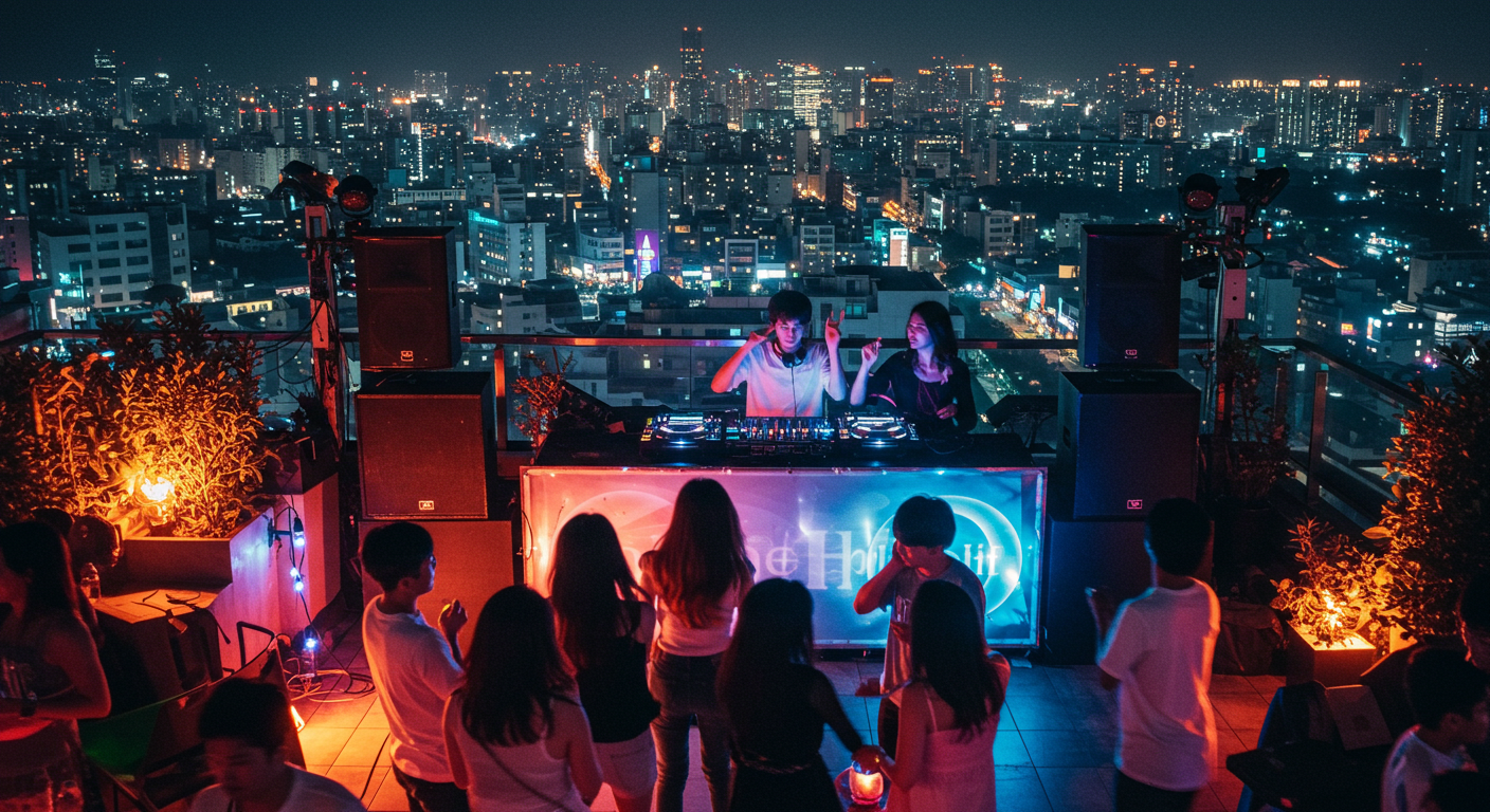 도심 불빛 아래 DJ 음악이 흐르는 전포 플로트 업 루프탑