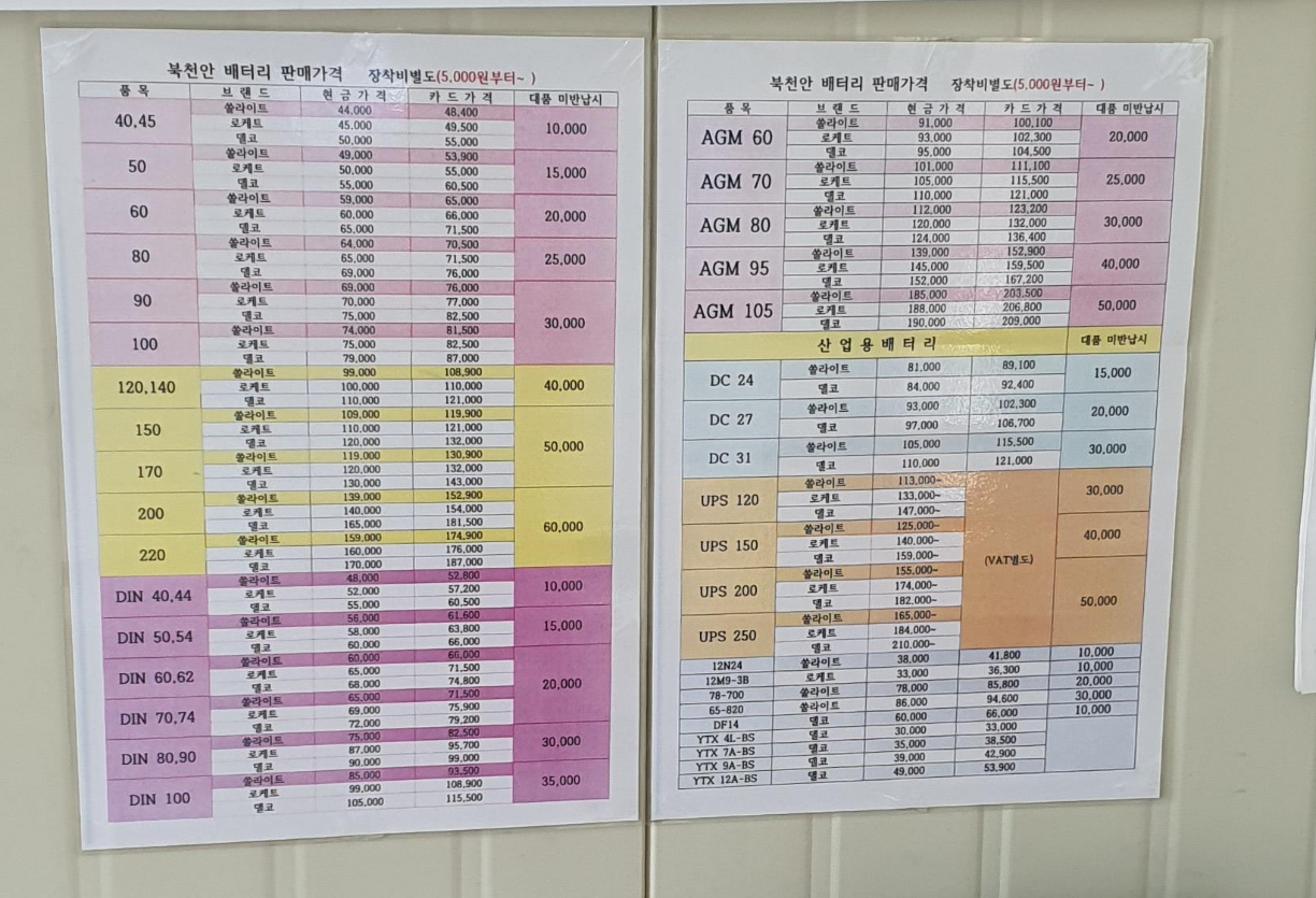 북천안 배터리 가게 전시된 베터리 가격표